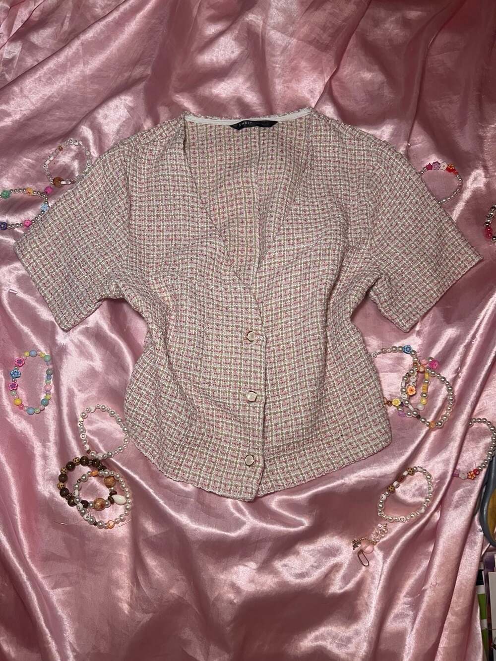 SHEIN Pink and White Tweed Short Sleeve Button-Up Top